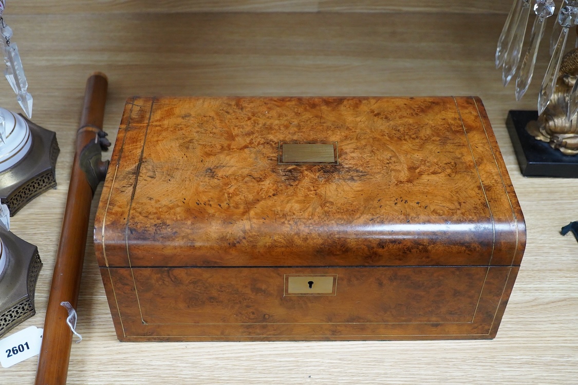 A large Victorian burr walnut writing box with gilt metal mounts and banding, 40cm wide